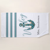Serviette De Plage Wifey Nautical Aqua Turquoise Bleu n Ancre blanche (Devant)