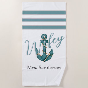 Serviette De Plage Wifey Nautical Aqua Turquoise Bleu n Ancre blanche
