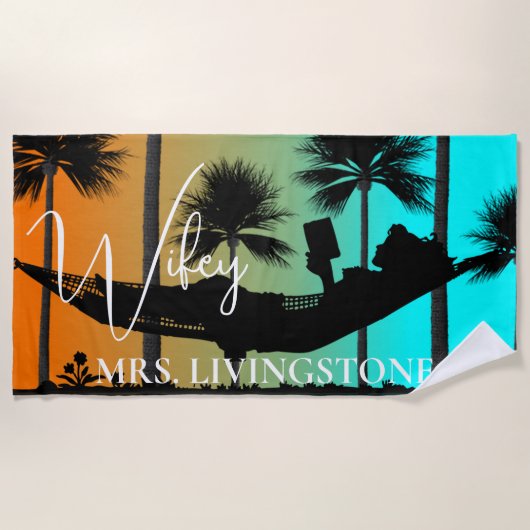 Serviette De Plage Wifey Script, Ajouter Votre Nom, Tropical, Serviet (Devant)