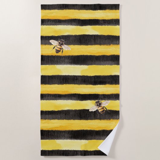 Serviette De Plage Yellow Gold Black Stripes Honey Bee  (Devant)