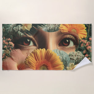 Serviette De Plage Yeux surréalistes et fleurs avec papillons