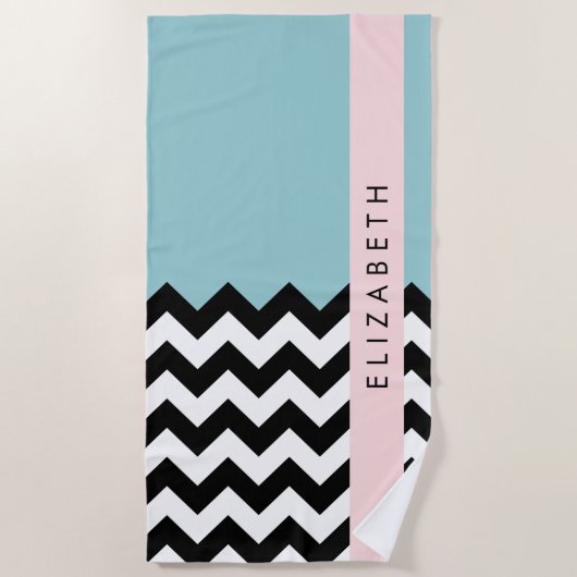 Serviette De Plage Zigzag noir et blanc, Chevron, Bleu, Votre nom (Devant)