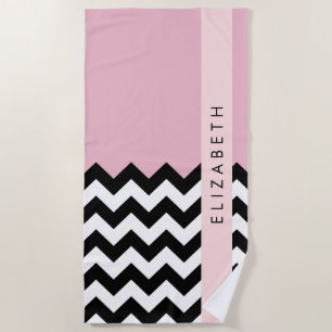 Serviette De Plage Zigzag noir et blanc, Chevron, rose, Votre nom