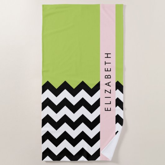 Serviette De Plage Zigzag noir et blanc, Chevron, Vert, Votre nom (Devant)