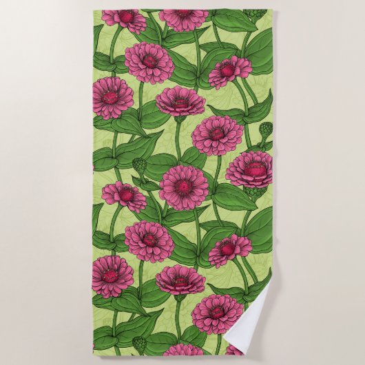 Serviette De Plage Zinnias rose sur vert clair (Devant)
