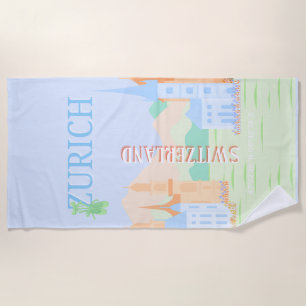 Serviette De Plage Zurich Travel Art, Suisse, Blue Retro Travel