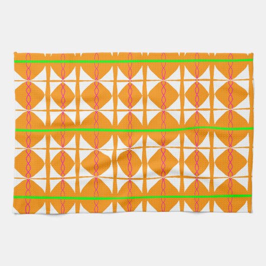 Serviette de thé abstraite orange vif, verte et bl (Horizontal)
