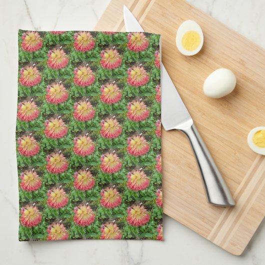 Serviette de thé Dahlia rose et jaune (Quart Plié)