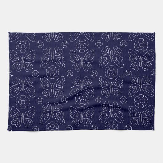 Serviette de thé japonaise de Sashiko de papillon (Horizontal)