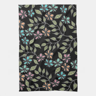 Serviette de thé multicolore florale avec fond noi
