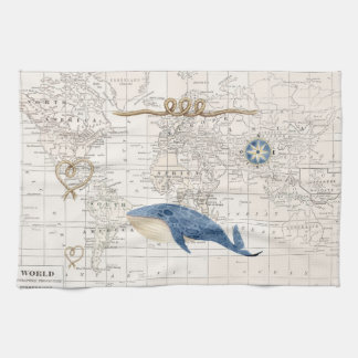 Serviette de thé nautique de carte de baleine et