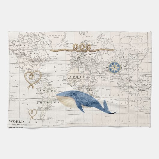 Serviette de thé nautique de carte de baleine et (Horizontal)