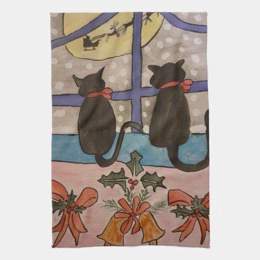 Serviette de thé Noir Chat Noël (Vertical)