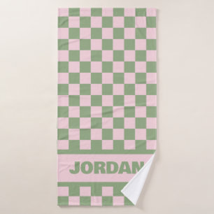 Serviette en damier rose et vert avec nom personna