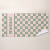 Serviette en damier rose et vert avec nom personna (Serviette de bain)