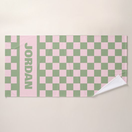 Serviette en damier rose et vert avec nom personna (Serviette de bain)