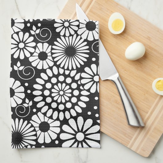 Serviette en fleurs blanches noir rétro (Quart Plié)