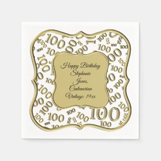 Serviette En Papier 100e anniversaire Centenarian Motif numéro or (Devant)