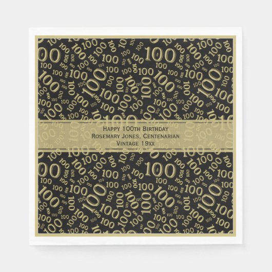 Serviette En Papier 100e anniversaire Cool Numéro Motif Noir/Or (Devant)