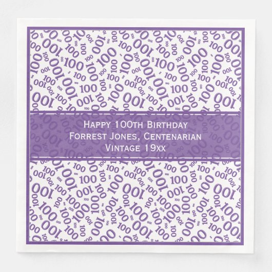 Serviette En Papier 100e anniversaire Cool numéro Motif violet/blanc (Devant)