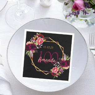 Serviette En Papier 100e anniversaire noir or geo floral bordeaux