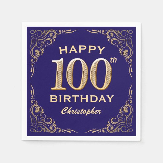 Serviette En Papier 100e anniversaire Parties scintillant bleu et or d (Devant)