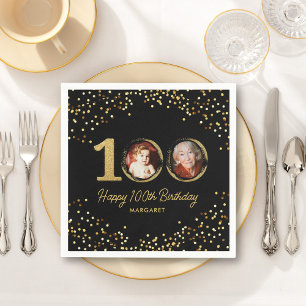 Serviette En Papier 100e anniversaire Photo Elegant Black Gold Parties