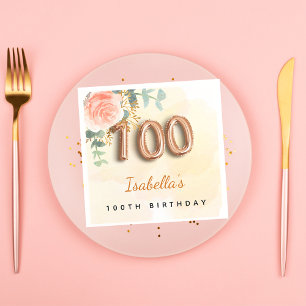 Serviette En Papier 100e anniversaire rose or eucalyptus monogramme