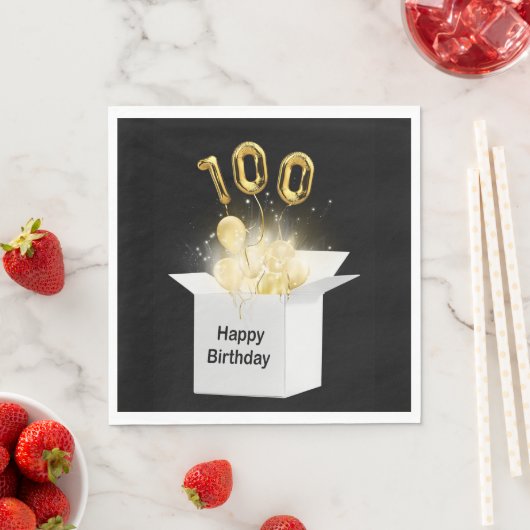 Serviette En Papier 100e Ballons d'anniversaire en or en boîte blanche (En situation)