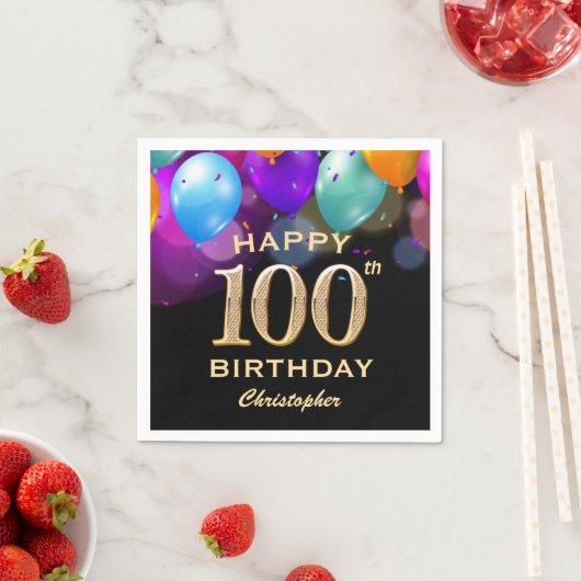 Serviette En Papier 100e fête d'anniversaire Ballons Noir et Or (En situation)