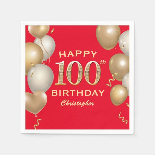 Serviette En Papier 100e fête d'anniversaire Ballons rouge et or (Devant)