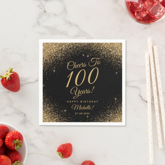 Serviette En Papier 100e fête d'anniversaire Black Gold Parties scinti (En situation)