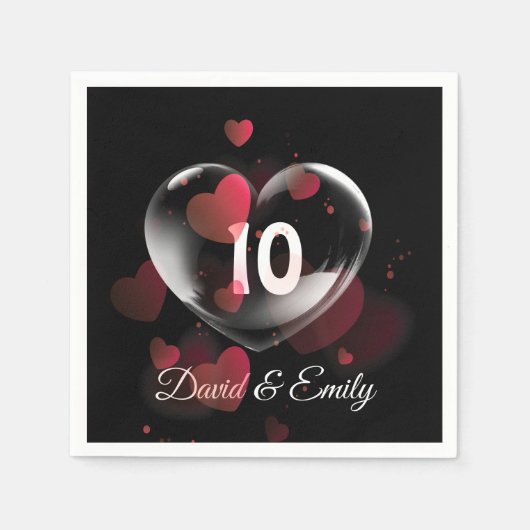 Serviette En Papier 10e Anniversaire Bulle cardiaque avec Coeurs rouge (Devant)