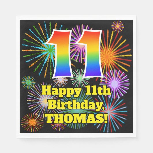 Serviette En Papier 11e anniversaire : Fun Motif Fireworks + Rainbow 1 (Devant)
