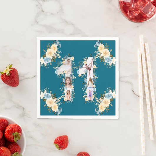 Serviette En Papier 11e anniversaire Turquoise photo Collage Fleur Jau (En situation)