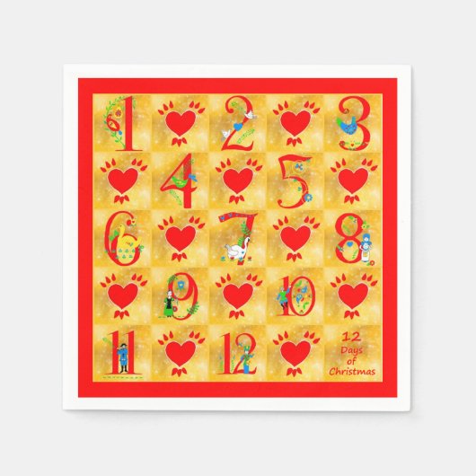 Serviette En Papier 12 Jours de Noël Art populaire avec Coeurs sur Or (Devant)