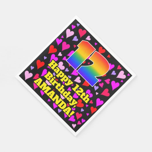 Serviette En Papier 12e anniversaire : Amour Hearts Motif, Arc-en-ciel (Coin)