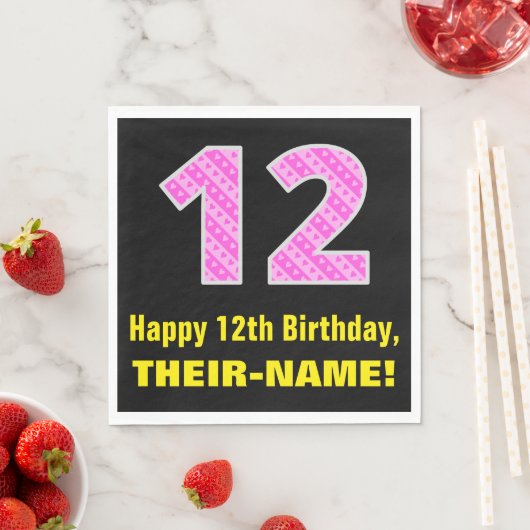 Serviette En Papier 12e anniversaire : Pink Stripes and Hearts "12" +  (En situation)