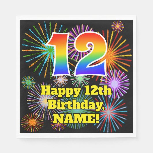 Serviette En Papier 12ème anniversaire : Fun Motif feux d'artifice + A (Devant)