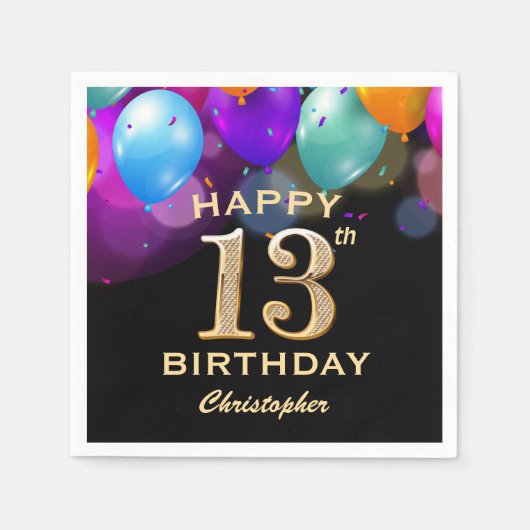 Serviette En Papier 13e anniversaire de la fête Ballons Noir et Or (Devant)