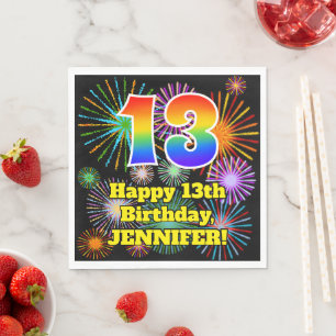Serviette En Papier 13e anniversaire : Motif Fun Fireworks + Arc-en-ci