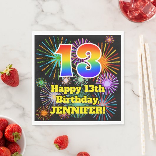 Serviette En Papier 13ème anniversaire : Fun Fireworks Motif + Rainbow (En situation)