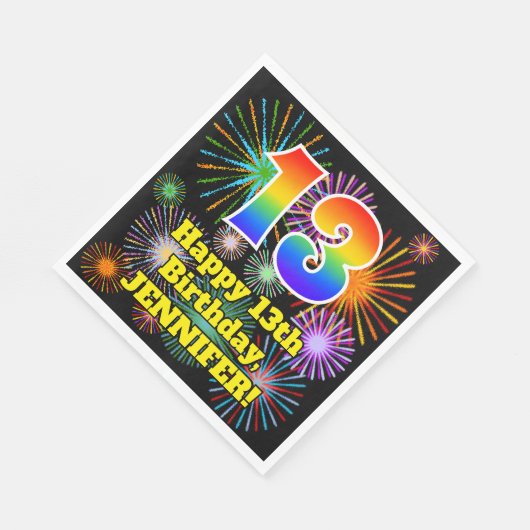 Serviette En Papier 13ème anniversaire : Fun Fireworks Motif + Rainbow (Coin)