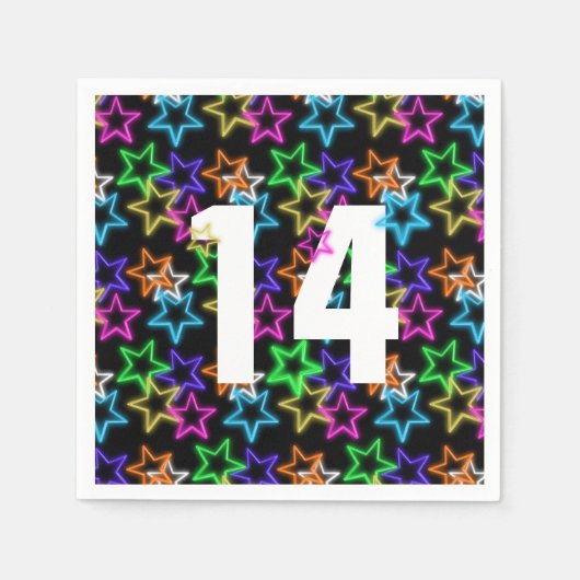 Serviette En Papier 14e Anniversaire Neon Étoiles Sur Noir (Devant)
