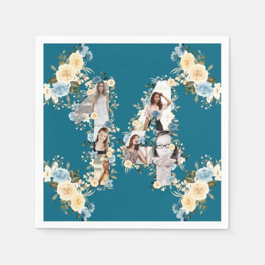 Serviette En Papier 14e anniversaire Photo Collage Turquoise Fleur Jau (Devant)