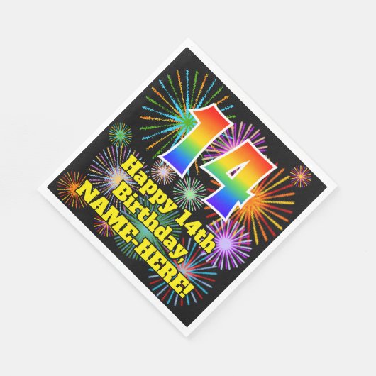 Serviette En Papier 14ème anniversaire : Fun Fireworks Motif + Rainbow (Coin)