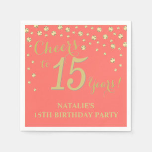 Serviette En Papier 15e anniversaire Coral Party et Gold Diamond Napki