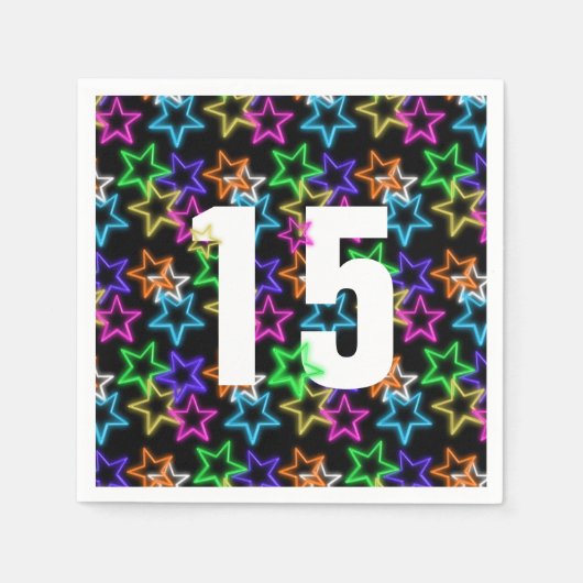 Serviette En Papier 15e Anniversaire Neon Étoiles Sur Noir (Devant)