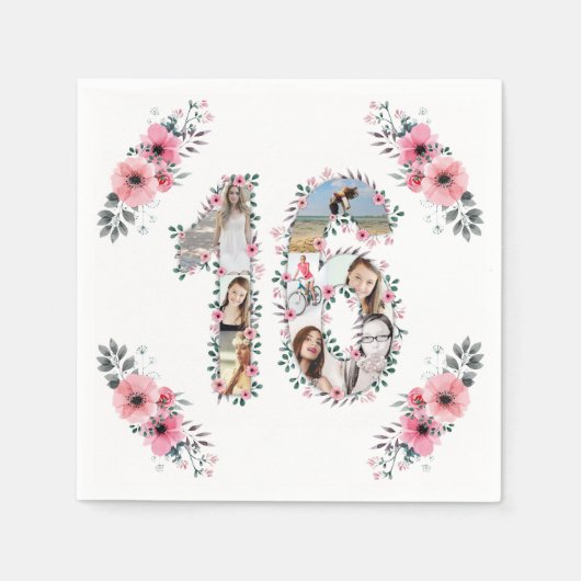 Serviette En Papier 16e anniversaire fille Fleur Photo Collage blanc (Devant)