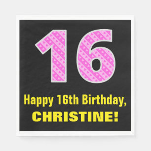 Serviette En Papier 16e anniversaire : Pink Stripes and Hearts "16" +